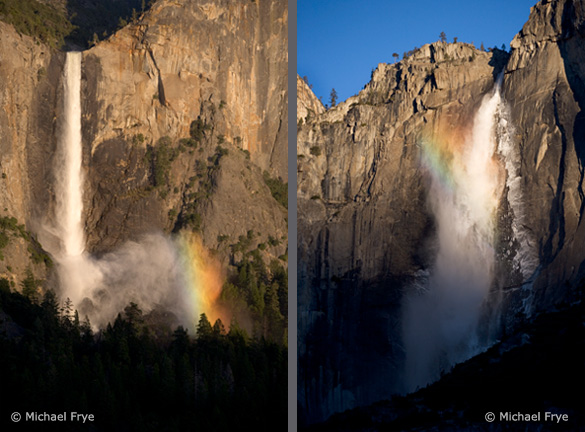 Two examples of off-center vertical compositions: Bridalveil Fall on the left is balanced by the rainbow on the right; Upper Yosemite Fall 