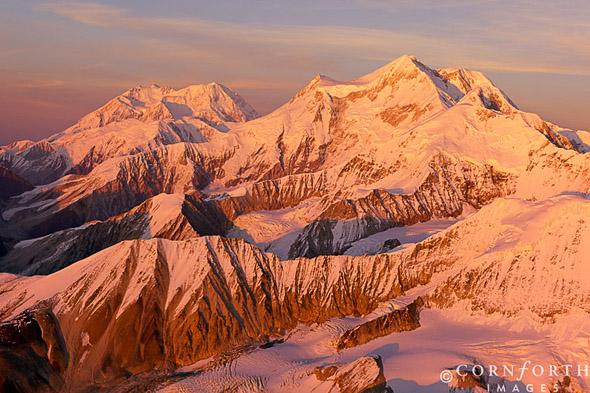 Mt McKinley & Mt Foraker Sunset Aerial 01, Denali National Park, Alaska