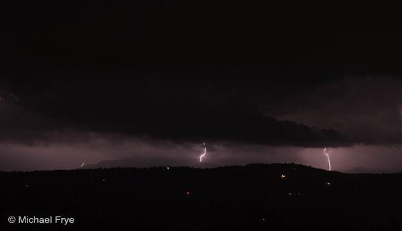 Lightning striking the Sierra foothills near Mariposa on Sunday night
