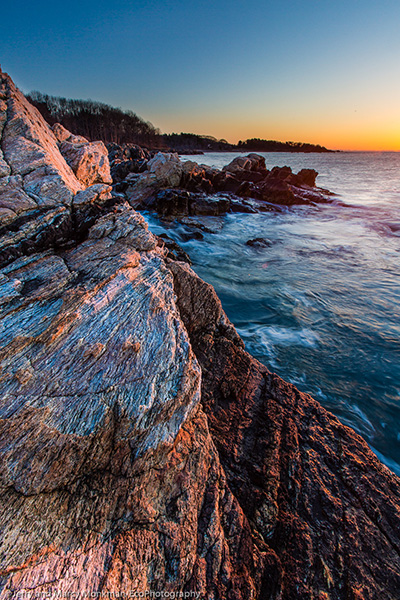 Dawn over the Atlantic Ocean at Fort Foster park in Kittery, Maine.