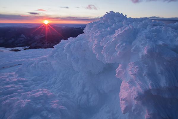 Rime ice at sunrise on the summit of New Hampshire's Mount Washington.
