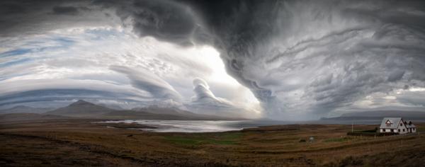 Stitched Panorama of three exposures taken in Iceland off of the highway storms clouds