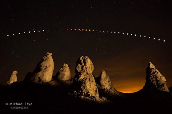 Lunar eclipse sequence, April 14th and 15th, Trona Pinnacles, CA, USA