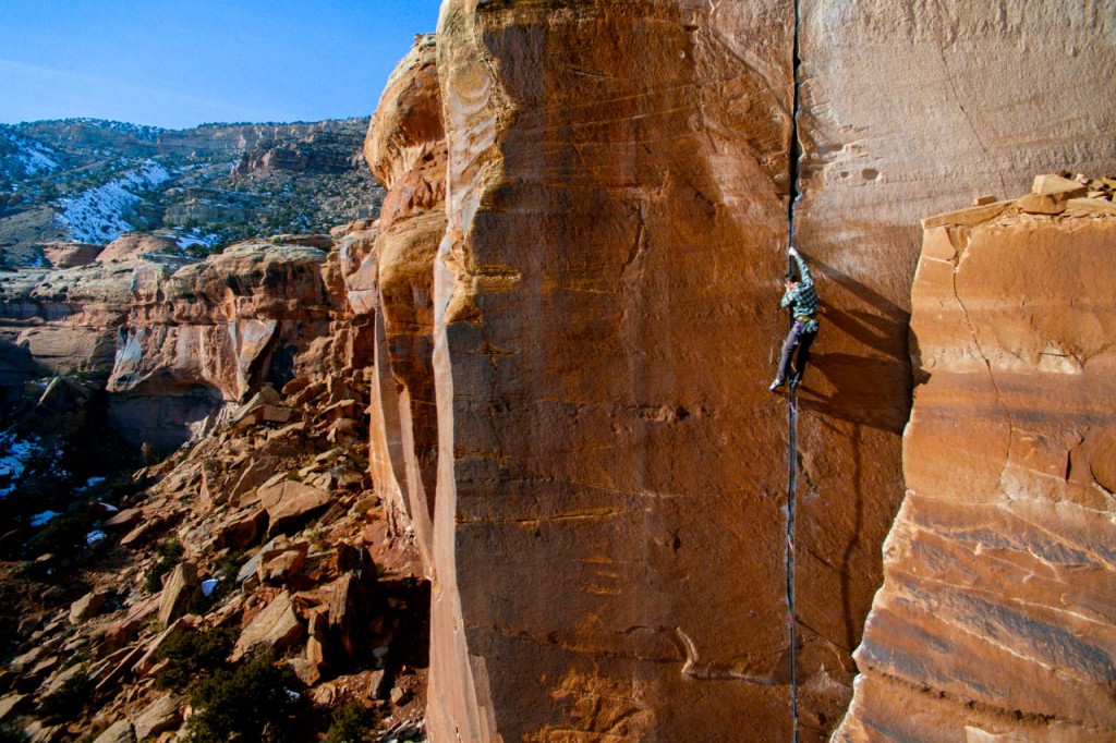A climber in Southwestern Colorado, photographed using a DJI Phantom 3 drone.