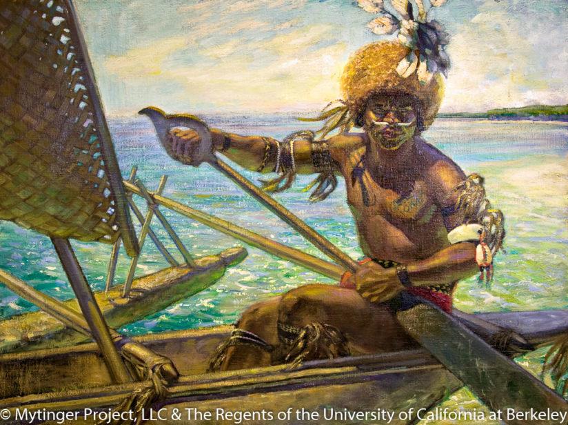 Melanesian man in outrigger canoe.  New Guinea Eastern Division of Papua  Phoebe Hearst Museum of Anthropology Accession 3220 Cat #17-595  Painting by Caroline Mytinger circa 1928