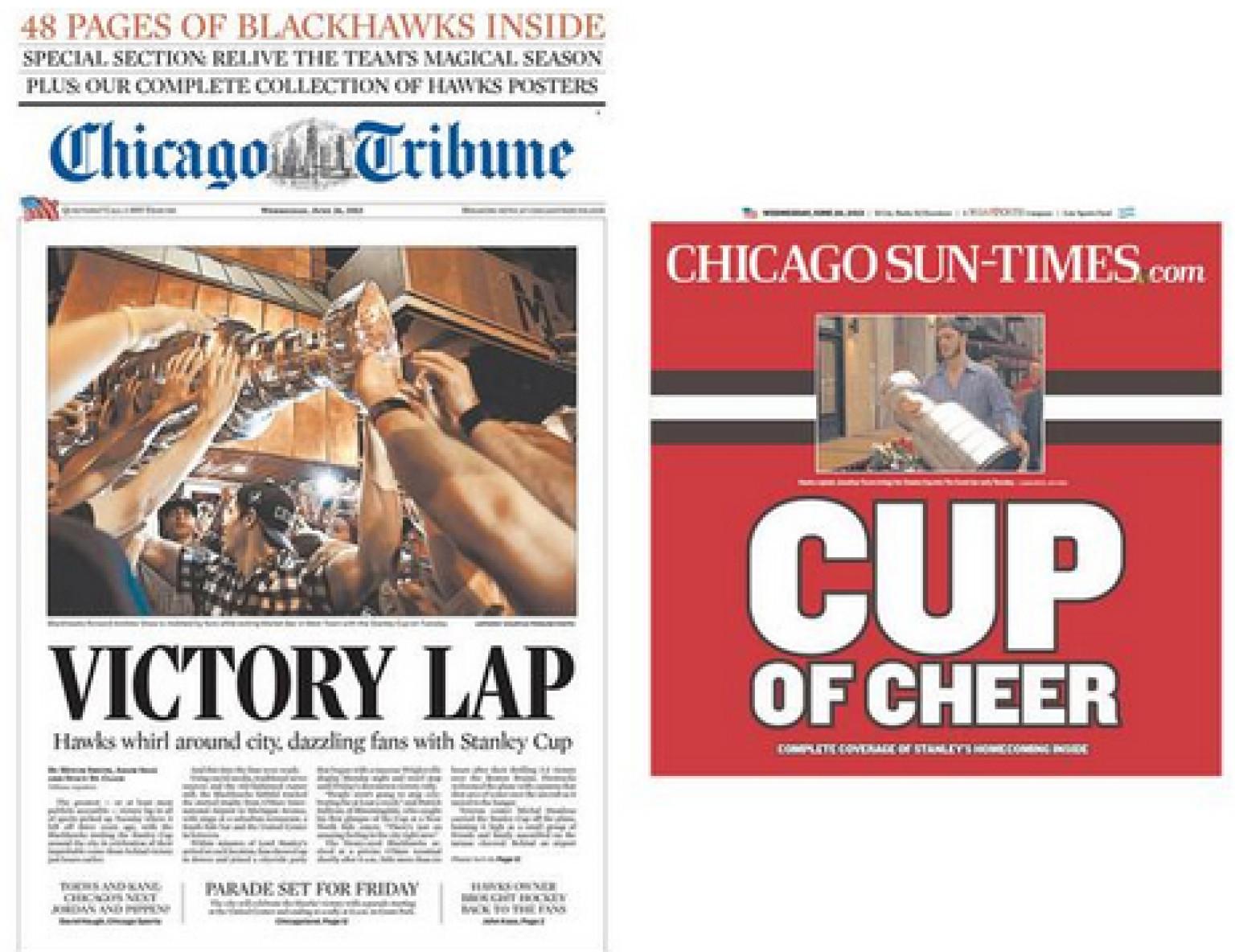 Comparison Of Chicago Sun-Times & Chicago Tribune Stanley Cup Photos 