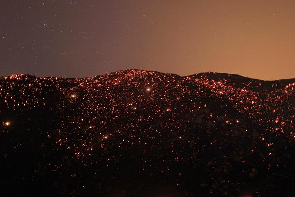 A smouldering mountainside is seen under the stars at the Silver Fire near Banning, California August 7, 2013. The fire broke out shortly after 2 p.m. near a back-country road south of Banning, about 90 miles (145 km) outside Los Angeles in Riverside County, and within hours had blackened more than 5,000 acres, California Department of Forestry and Fire Protection spokesman Daniel Berlandt said.  REUTERS - David McNew