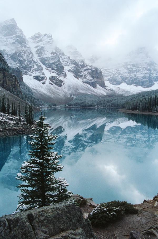 Mirror lake reflection captured in Alberta Canada Banff National Park film Agfa