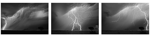 Long exposure of lightning captured at Cerro Cuate hill in San Ysidro New Mexico black and white image photography