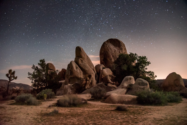 A prominent rock formation in Joshua Tree's Hidden Valley, just after sunset. Photo by Wes Pitts.