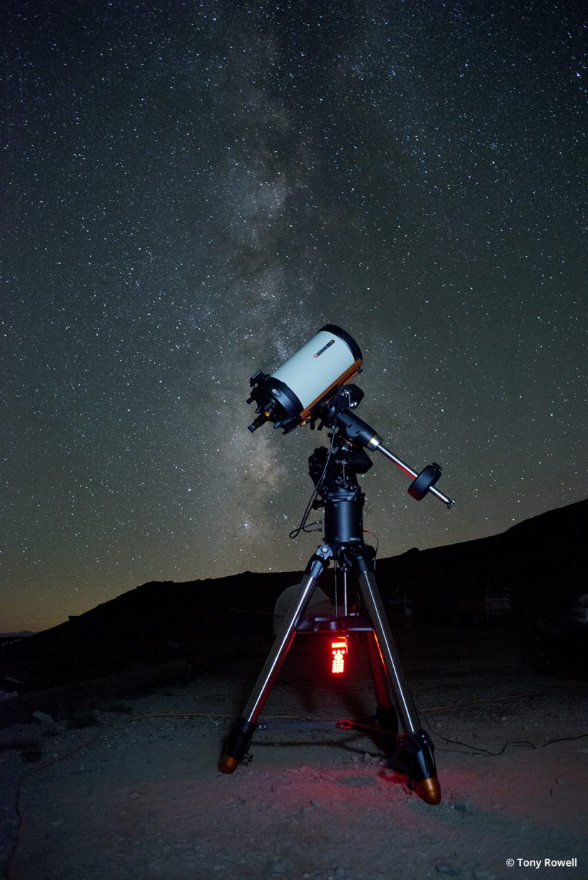 Telescope under the Milky Way galaxy in the White Mountains of California.